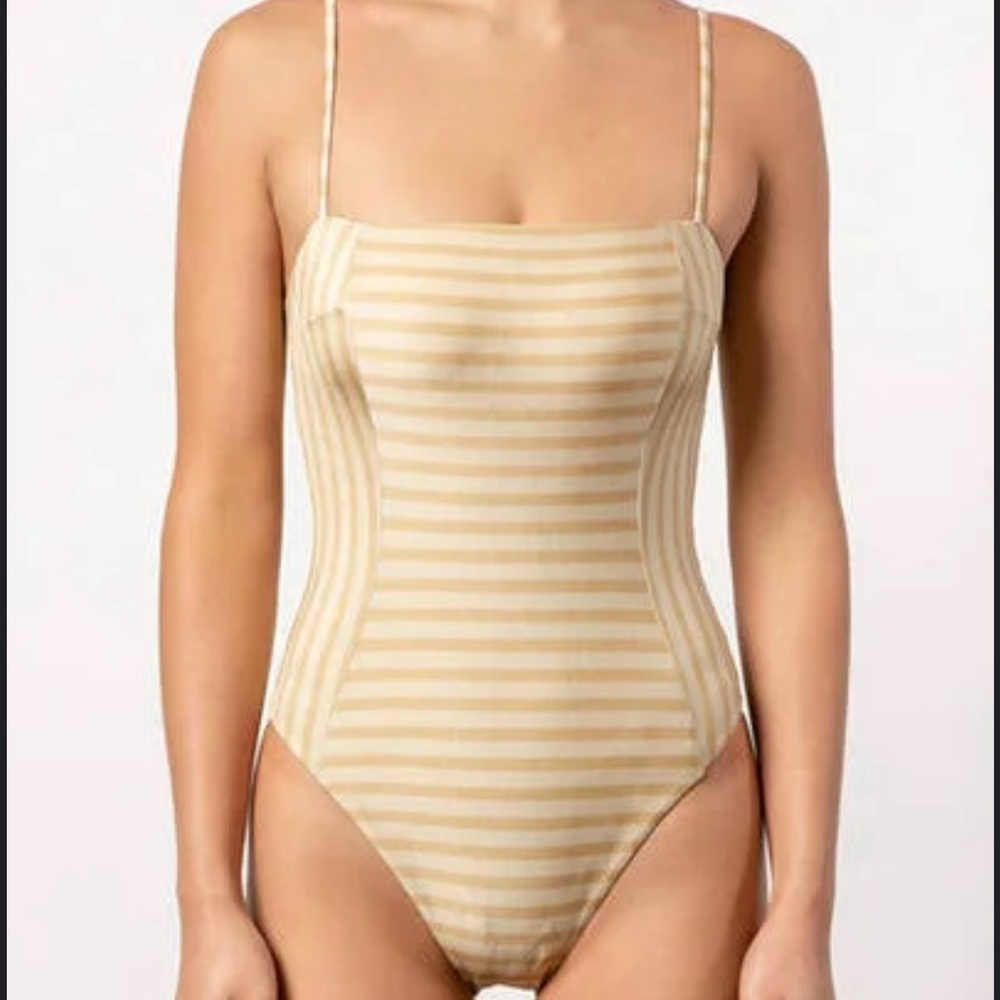 NWT SZ M TIGERLILY Verena Sloane Gold/Taupe Striped One-Piece Swimsuit